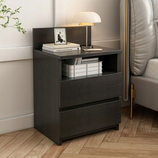 Table de chevet noire avec 2 tiroirs, 40 cm – style loft moderne, MDF