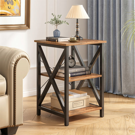 Table basse industrielle avec étagères – 40×40×60 cm, plateau en MDF aspect bois recyclé et pieds en métal.