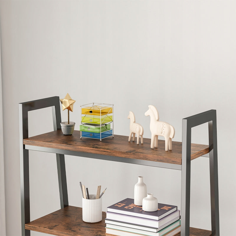 Bibliothèque rustique avec 5 étagères – 56×34×172 cm, structure en métal noir et panneaux en MDF aspect bois foncé.